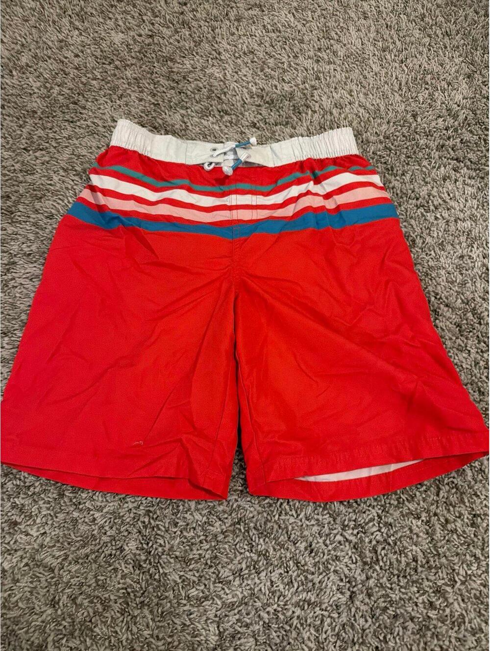 Boys Mini Boden Red Striped Casual Swim Shorts